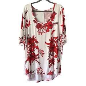 Lane Bryant Womens Red Floral Print Tunic Top Scoop Neck High-Low Hem Size 26/28